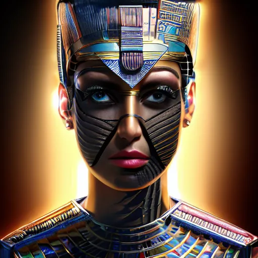 Image similar to half body portrait of the muscular Egyptian Android Pharaoh Queen, by DC comics and Sandra Chevrier and beeple, artstation, volumetric lighting and fog, hyperrealism, hyper detailed futuristic royalty, award winning costume design, cybernetic bionic ancient cyborg, fashion show runway, futuristic fine textures, woven with electricity, high fashion superpowers, floating dust particles, bokeh, mystic haze, 4k UHD, HDR