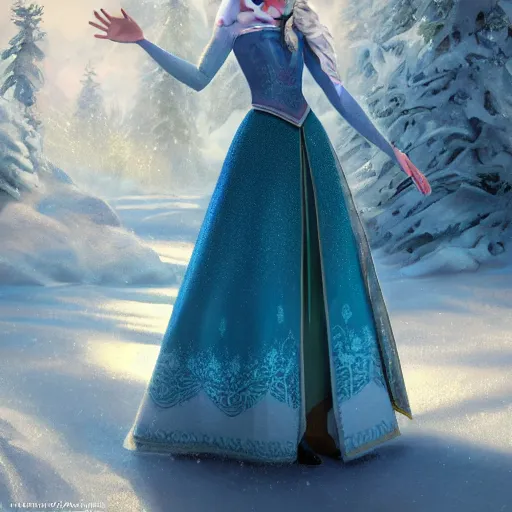 Prompt: elsa from frozen full body, snow background, hyper realistic, hyper detailed, digital art, trending in artstation, cinematic lighting, studio quality, smooth render, unreal engine 5 rendered, octane rendered, art style by klimt and nixeu and ian sprigger and wlop and krenz cushart