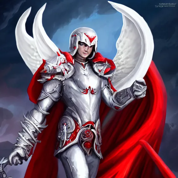 Prompt: male angel flying over hell, white metallic armor, red cape, detailed arms, intricate white armor, two arms, two legs, detailed fanart, rpg art, d&d art, macro art, digital art, DeviantArt, artstation, 8k HD