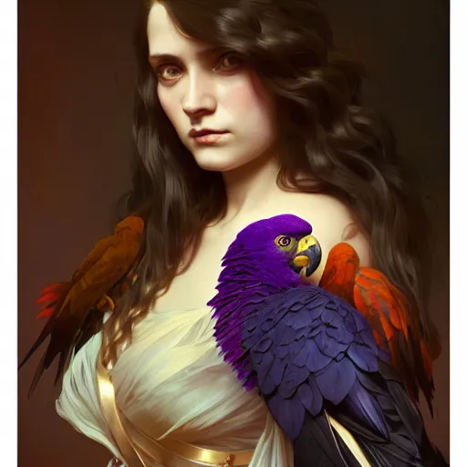 Image similar to portrait of a young girl with a dark purple parrot, upper body, long hair, intricate, elegant, highly detailed, digital painting, artstation, concept art, matte, sharp focus, illustration, art by artgerm and greg rutkowski and alphonse mucha