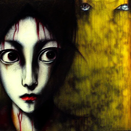 Image similar to yoshitaka amano blurred and dreamy realistic three quarter angle horror portrait of a sinister young woman with short hair and yellow eyes wearing office suit with tie, junji ito abstract patterns in the background, satoshi kon anime, noisy film grain effect, highly detailed, renaissance oil painting, weird portrait angle, blurred lost edges