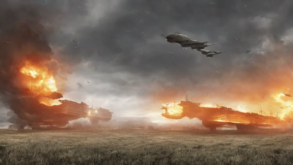 Image similar to an immense steampunk aircraft carrier crashed and burning in a field, thick black smoke billowing, turbulent storm clouds, dystopian, sharp focus, octane render, imax