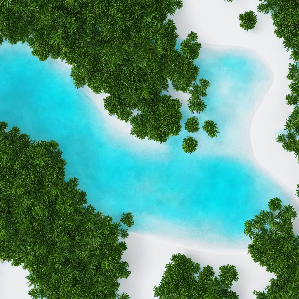 Image similar to top down view of a tropical beach with white sand, 8 k, high detail, photorealistic, proper shading