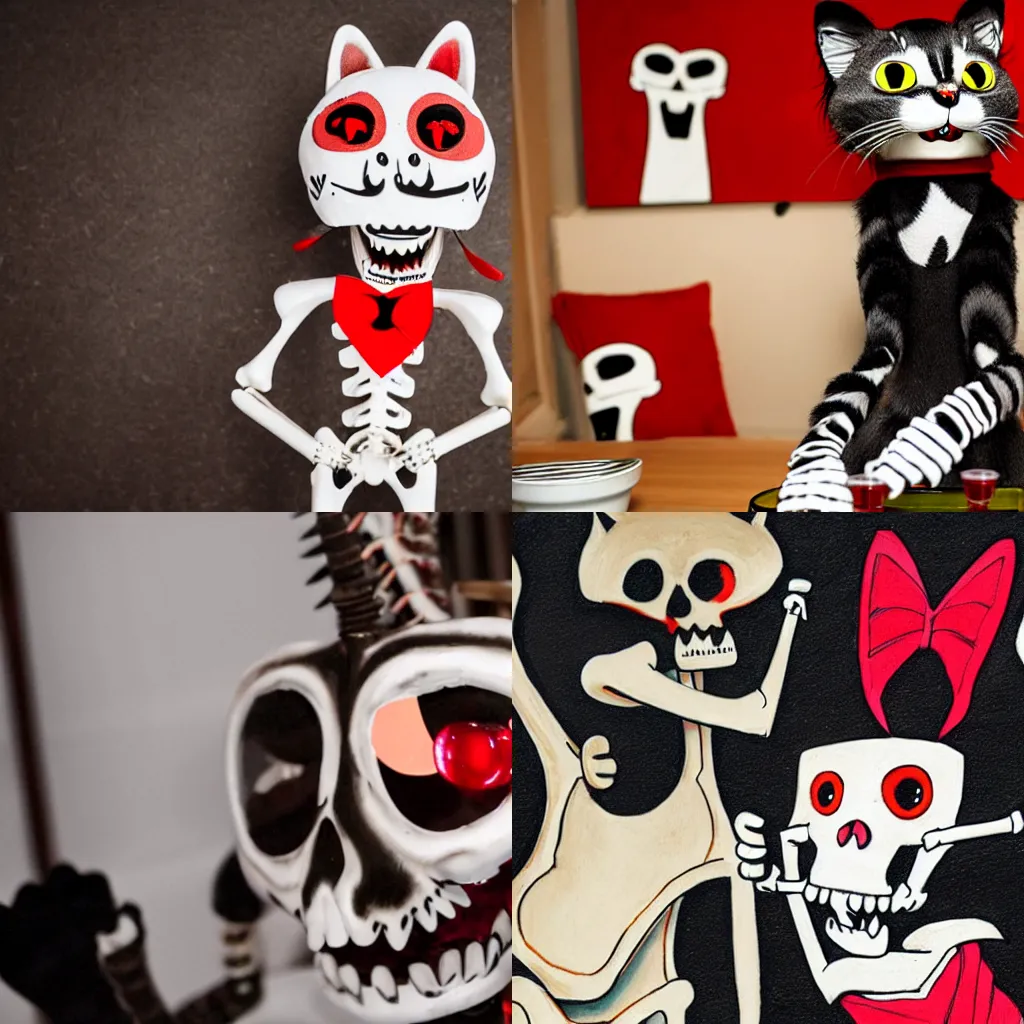 Prompt: An anthropomorphic cat skeleton with red eyes is drunk at a party