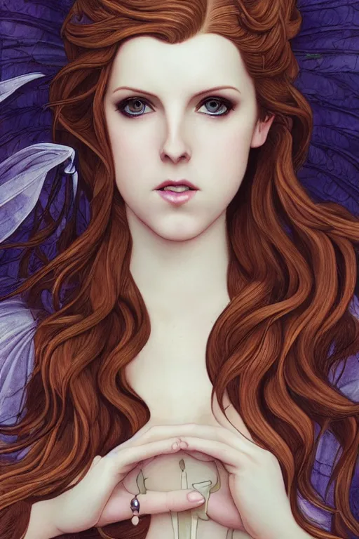 Prompt: dream goddess who looks like anna kendrick, in a mixed style of Botticelli and Æon Flux, inspired by pre-raphaelite paintings and shoujo manga, amazing detail, stunning lines, flat colors, 4K photorealistic