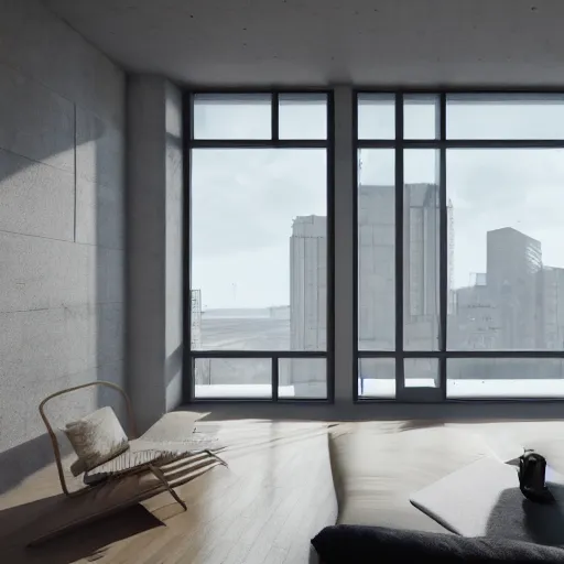 Image similar to brutalist penthouse open living room, big windows, showing city landscape on background, minimalist architecture, minimalist furniture, octane render, high quality, 8 k, post production