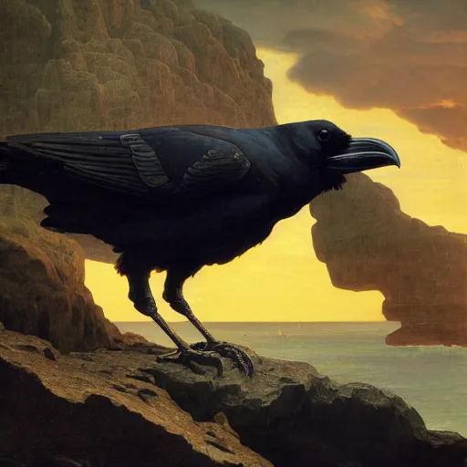 Image similar to a beautifully highly detailed close up portrait of a raven under a rock arch, coves crashing waves plants, beautiful serene sunset, detailed organic textures by frederic leighton and rosetti and turner and eugene von guerard, 4 k, octane render