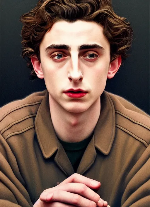 Image similar to twin peaks movie poster art, portrait of timothee chalamet, from scene from twin peaks, clean, simple illustration, nostalgic, domestic, highly detailed, digital painting, artstation, concept art, smooth, sharp focus, illustration, artgerm, donato giancola, joseph christian leyendecker, wlop