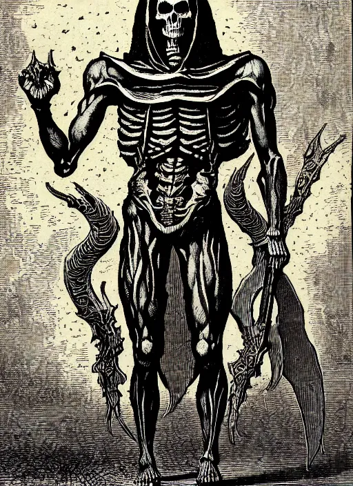 Image similar to illustration of motu's skeletor as a demon from the dictionarre infernal, etching by louis le breton, 1 8 6 9, 1 2 0 0 dpi scan, ultrasharp detail, clean scan