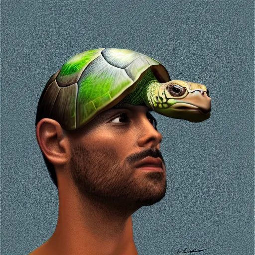 Prompt: arabic person shapeshifting into a turtle, photorealistic, digital art