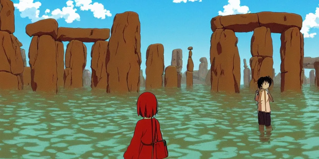 Image similar to a realistic cell - shaded studio ghibli concept art from paprika ( 2 0 0 6 ) of shouxing from close encounters of the third kind ( 1 9 7 7 ) in a flooded monument valley stonehenge. very dull colors, wide shot, hd, 4 k, hq