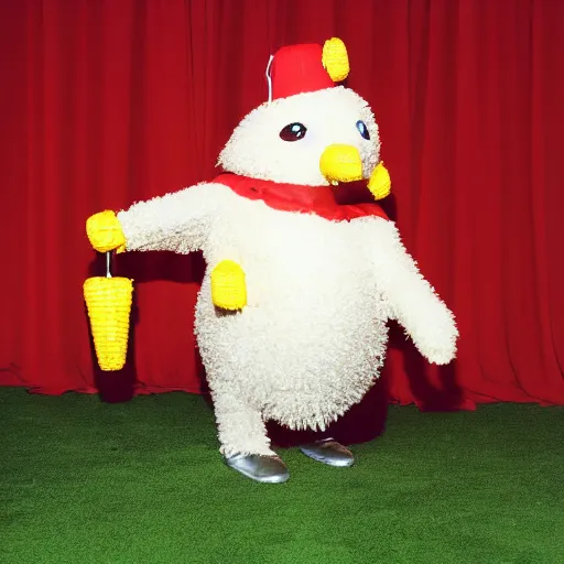 Prompt: an anthropomorphic corn dog walking the red carpet, press photo,