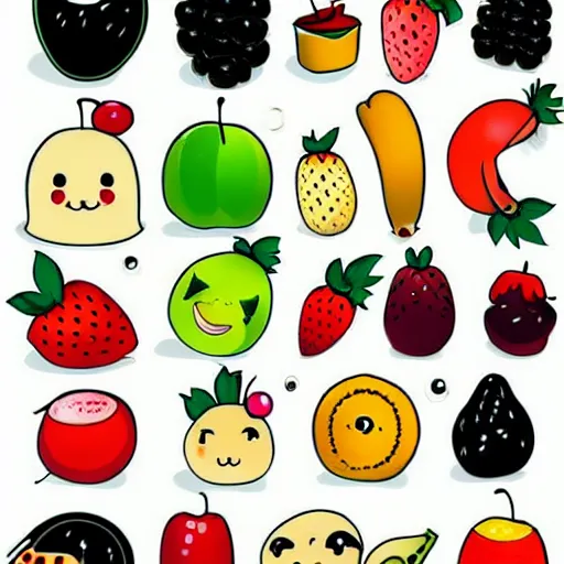Image similar to a set of kawaii fruits isolated on white background, stylized, cartoon, cute, vector graphics, trending on pinterest, featured on artsation, high quality, smooth graphics, fine edges,