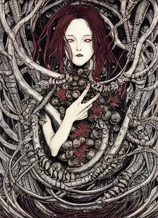 Image similar to behold the worm queen, digital illustration in a mixed style of serhiy krykun and ken taylor and takato yamamoto, inspired by gothic paintings and shoujo manga, surrounded by a torchlit cavern landscape, hyper detailed, stunning inking lines, flat colors, 4 k, hd, award winning, photorealistic