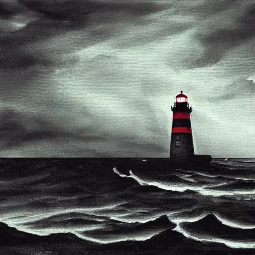 Image similar to a lighthouse on a lonely, stormy coast. the painting is characterized by its use of dark colors, its focus on the grotesque, and its overall feeling of gloominess. the use of deep blacks, grays, and dark greens gives it a very dark, foreboding tone. gothic elements provide an eerie, otherworldly quality.