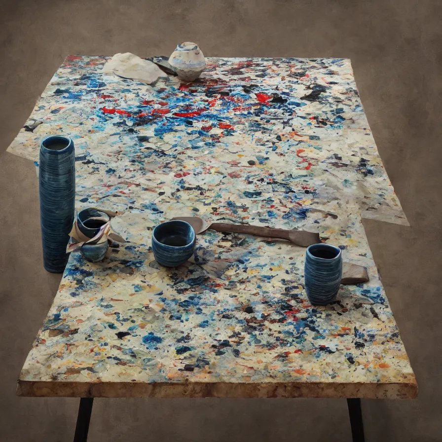 Prompt: beautiful ceramics studio photograph of a tall angular stoneware vase glazed by jackson pollock placed on a tablecloth on a wooden table, hyperrealism 8 k trending on artstation