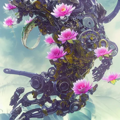 Image similar to waterlily head mobile combat suit floral rococo robot, biomechanical, waterlily mecha nymphaea, detailed illustration, concept art, smooth, sharp focus, by frank gehry, bandai macross box art