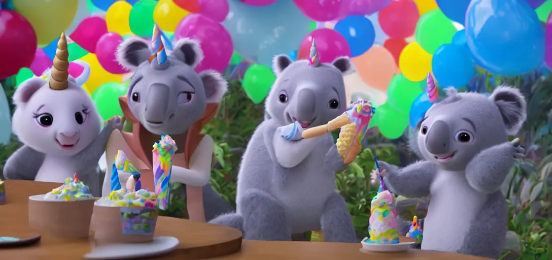 Prompt: a medium shot of a unicorn and koala enjoying ice cream cones at a birthday, highly detailed, Pixar movie, anamorphic lens