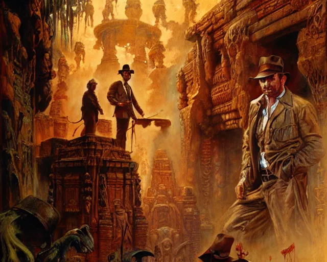 Prompt: indiana jones and the temple of doom, theatrical, hyperdetailed, painting by gaston bussiere, craig mullins, j. c. leyendecker, tom of finland