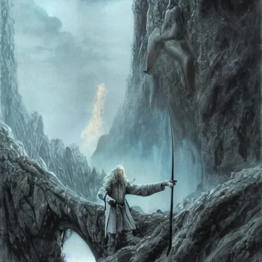 Image similar to gandalf with a sword in his hand on a bridge fighting an enormous balrog from hell, by alan lee, lord of the rings, smooth, detailed terrain, oil painting, matte painting, concept art, trending on artstation