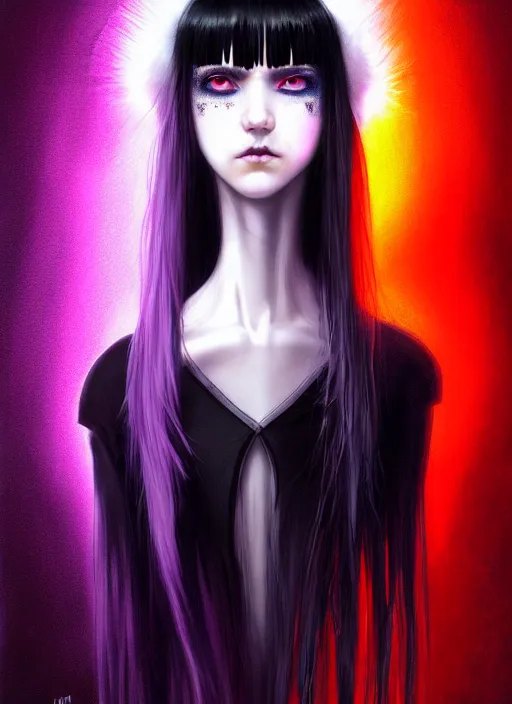 Image similar to whitebangs, black hair, black cyberlox, portrait of normal teenage girl, normal face, white bangs, fluffy bangs, cyberlox, whitebangs, red contact lenses, purple background, intricate, elegant, highly detailed, digital painting, artstation, concept art, sharp focus, smooth, illustration, art by wlop, mars ravelo and greg rutkowski