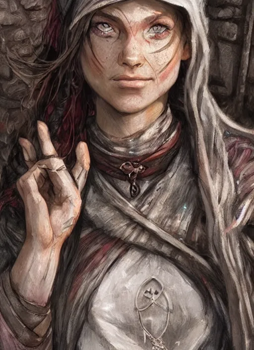 Image similar to female poor beggar on the streets white, bright, unclean, ultra detailed fantasy, dndbeyond, bright, colourful, realistic, dnd character portrait, full body, pathfinder, pinterest, art by ralph horsley, dnd, rpg, lotr game design fanart by concept art, behance hd, artstation, deviantart, hdr render in unreal engine 5