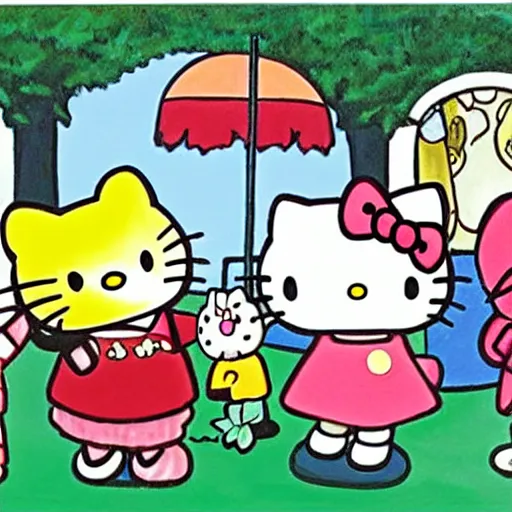 Prompt: painting of hello kitty and hello kitty friends and sanrio characters and playing outside on a sunny day, adventures of hello kitty and friends, by yoko shimizu, by sanrio