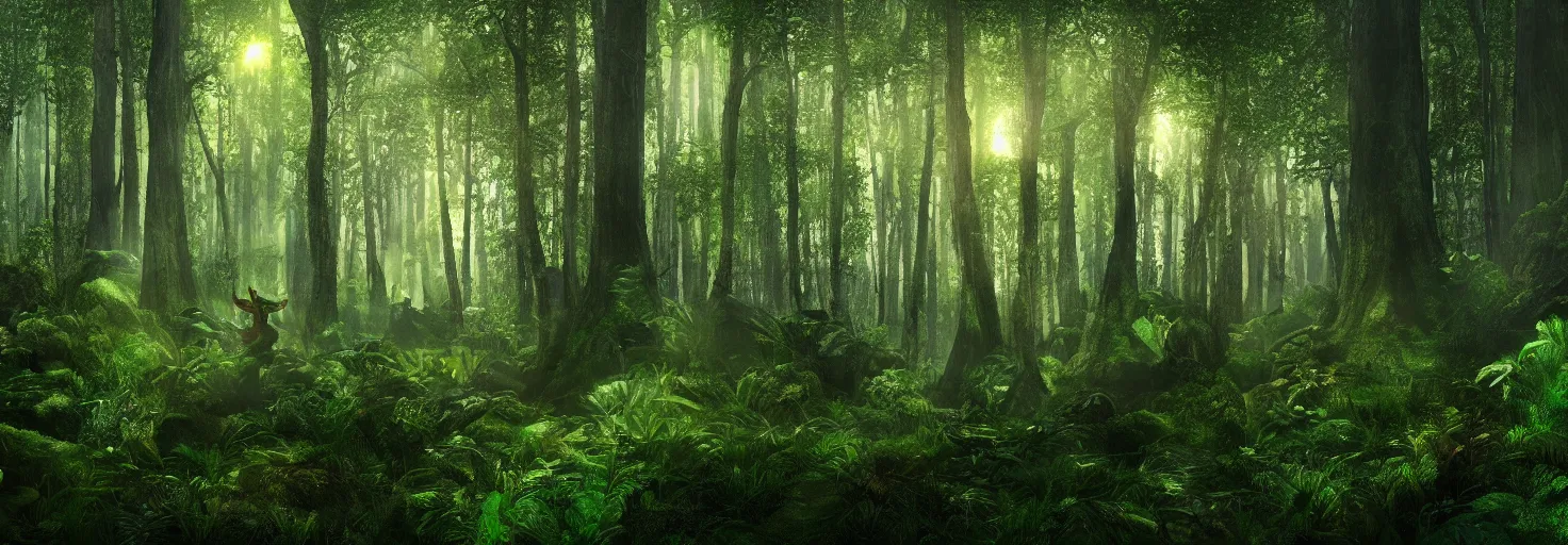 Image similar to a forest, plants glowing at night, wide shot, cinematic, ultra realistic, ultra detailed, in style of avatar movie