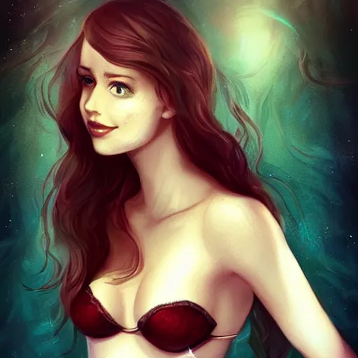 Prompt: very very very beautiful mermaid with clamshell bra, flirty, smiling, eye contact, perfect face, perfect body drawn by charlie bowater