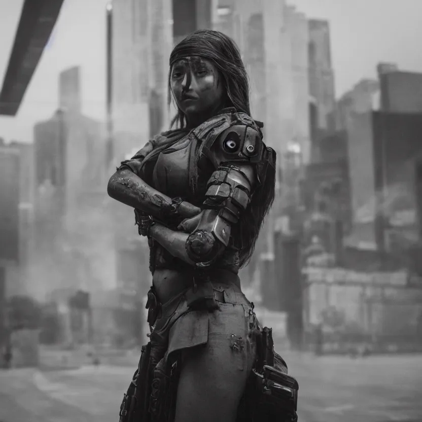 Image similar to portrait of beautiful guard hiding her chest with her arms, dystopian cyberpunk smoke detailed anamorphic 50mm lens