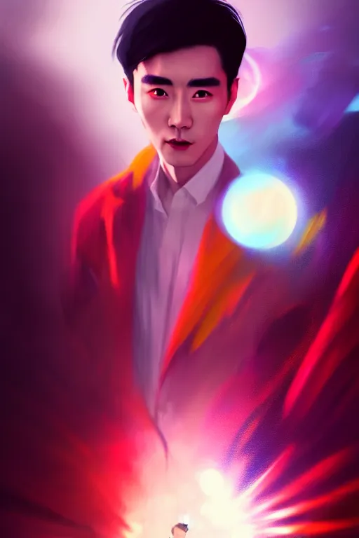 Image similar to a man looks like zhu yilong, blurred environment background, colorful magic effects, white skin, portrait, male, clothed, sharp focus, digital art, concept art, trending on artstation, dynamic lighting, by emylie boivin and rossdraws