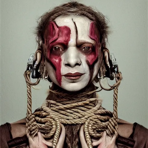 Image similar to portrait of a Shibari rope wrapped face and neck, headshot, insanely nice professional hair style, dramatic hair color, face paint half and half, digital painting, of a old 15th century, old cyborg merchant, amber jewels, baroque, ornate clothing, scifi, realistic, hyperdetailed, chiaroscuro, concept art, art by Franz Hals and Jon Foster and Ayami Kojima and Amano and Karol Bak,