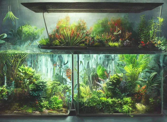 Image similar to clean neat clarity professional visual development set design, messy cozy store with hanging cages and bright aquariums, ferns and foliage, dim painterly lighting volumetric aquatics, impasto, trending on pixiv