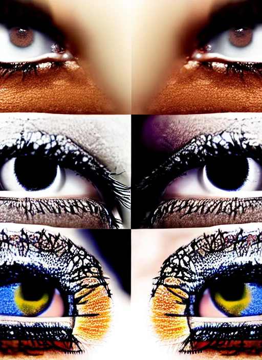 Image similar to grid montage of square shaped eyes, square shaped dilated pupils, square irises, detailed colored textures, eyelashes, advanced art, art styles mix, from wikipedia, wet reflections in eyes, sunshine light, hd macro photograph, from side, various eyelid positions, square black pupil centered