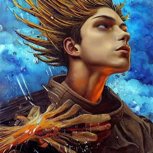 Prompt: beautiful painting by karol bak of a 1 4 year old boy with and enormous mechanical wing strapped to his back, standing on the back of a boat in a storm, his arms spread, face looking skyward, wearing nothing, ready to fly, icarus, winged boy, young teen, rain, clouds, waves, splash,