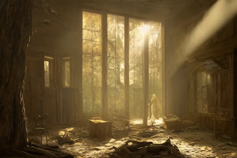 Image similar to the interior of an old abandoned house, an old oak tree grows inside the house, golden rays of sunlight enter through the window, digital art, trending on artstation, matte painting, concept art, drawn by greg rutkowski, inspired by johannes vermeer, cold colors