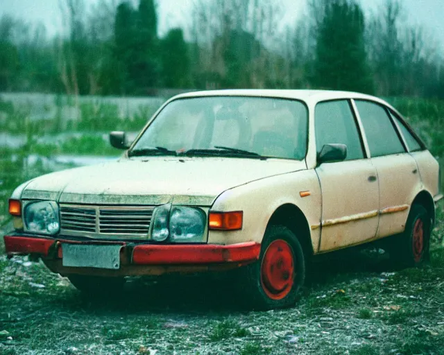 Image similar to a lomographic photo of old lada 2 1 0 7 standing in typical soviet yard in small town, hrushevka on background, cinestill, bokeh