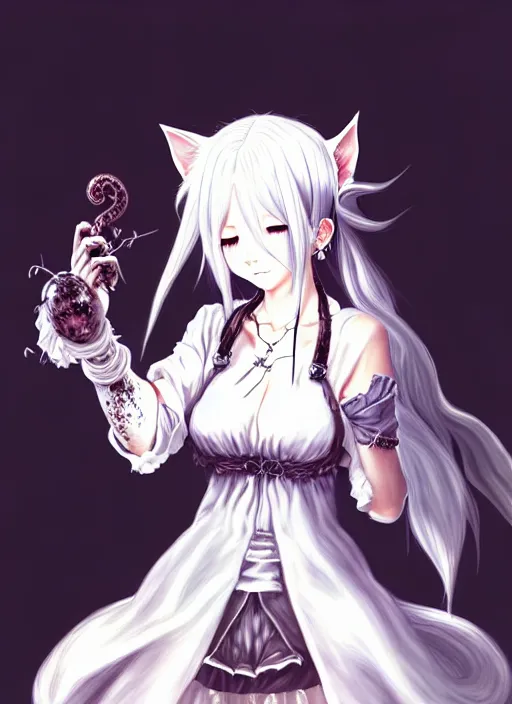 Prompt: a portrait of nekomimi wearing white dress an ultrafine detailed painting, detailed painting, detailed eyes!!, final fantasy octopath traveler lovecraft cosmic realistic hands horror