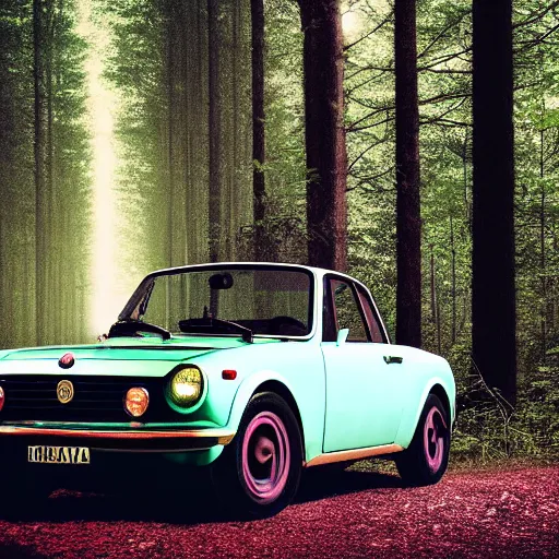 Prompt: fiat 1 2 4 in the dark forest, night, headlights are on, professional photography, vaporwave