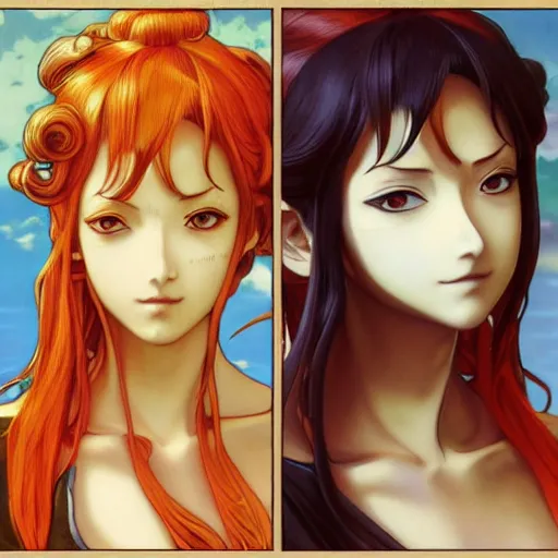 Image similar to intricately detailed vfx portrait of nami from one piece by eiichiro oda, makoto shinkai, alphonse mucha, art by artgerm and greg rutkowski, best of behance, concept art, matte, sharp focus, orange hair, elegant, adolphe bouguereau, annie leibovitz, stanley kubrick, johannes vermeer, hdr,