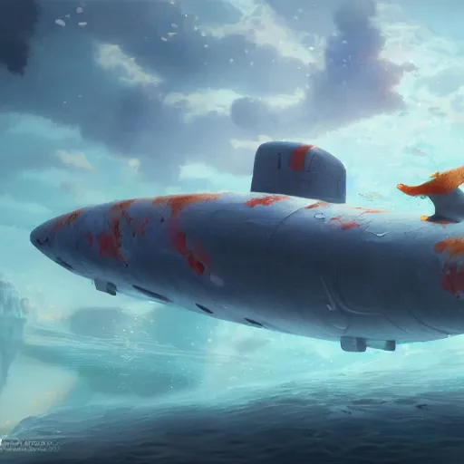 Prompt: subsurface scattering, white, giant submarine, koi colors,! koi, octane render, jesper ejsing, justin gerard, james jean, tomasz alen kopera, cgsociety, fenghua zhong, makoto shinkai, highly detailed, rim light, art, cinematic lighting, very coherent, hyper realism, 8 k