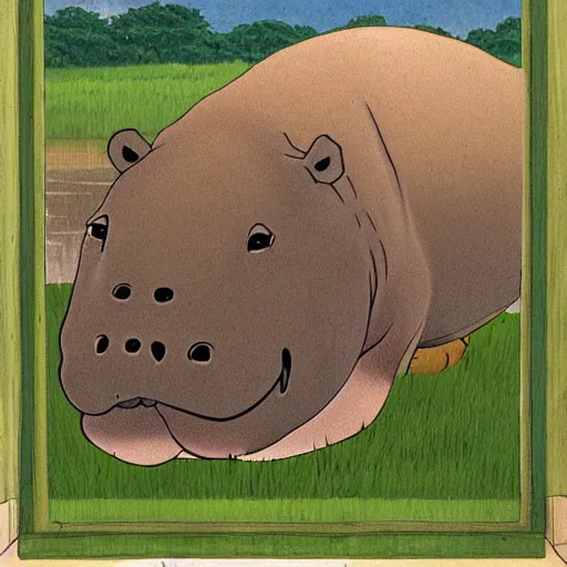 Prompt: Portrait of a hippo in the moat, by Studio Ghibli