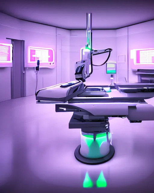 Prompt: neon surgery machine cyberpunk futuristic, in a white room realistic shaded