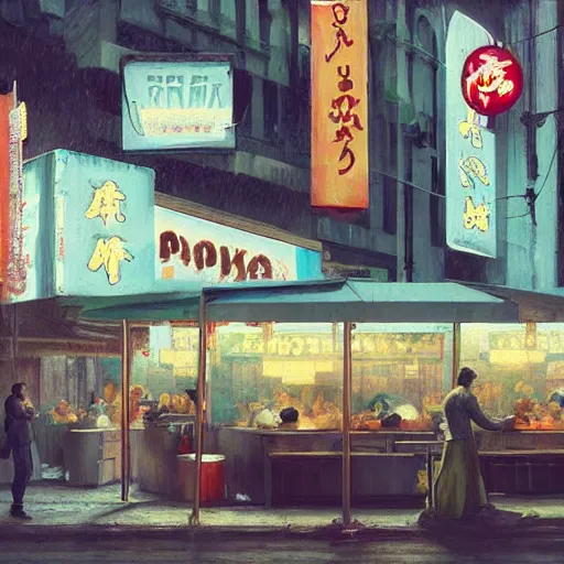 Prompt: people eating at street food ramen shop, chillwave, electronic billboards, tech noir, wet reflections, atmospheric, ambient, livia prima, greg rutkowski, edward hopper, pj crook