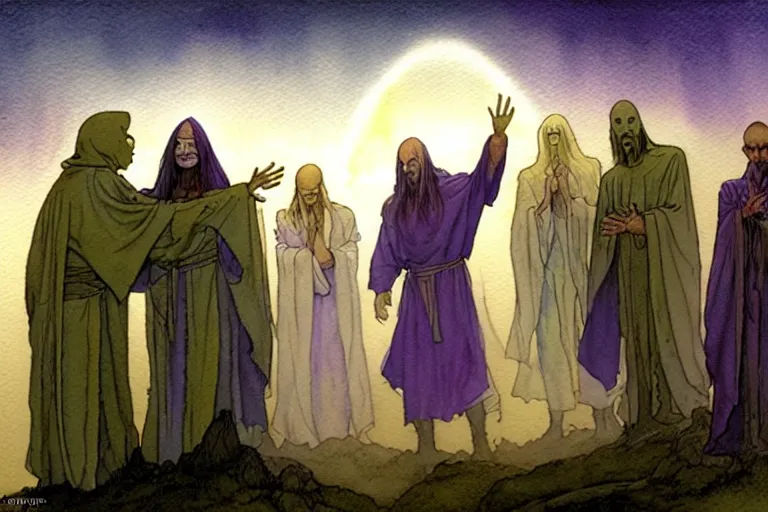 Prompt: a realistic and atmospheric watercolour fantasy character concept art portrait of a group of christians wearing robes greeting an alien that is standing below a ufo. they are emerging from the mist on the moors of ireland at night. a ufo is in the background. by rebecca guay, michael kaluta, charles vess and jean moebius giraud