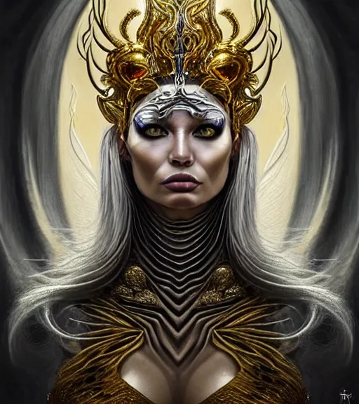 Prompt: silver and golden design elements, single face portrait. complex hyper-maximalist overdetailed beautiful but terrifying, cinematic cosmic scifi portrait of an elegant very attractive but wild and dangerous witch antropomorphic female warrior god by andrei riabovitchev, tomasz alen kopera, oleksandra shchaslyva alex grey and bekinski. Fantastic realism. Extremely ornated with laced bone, branches with big thornes and green poisonous steam. Volumetric soft green and red lights. Omnious intricate. Secessionist style ornated portrait illustration. Poison goddes. Slightly influenced by giger. Zerg human hybrid goddes. Unreal engine 5. Focus on face. Artstation. Deviantart. 8k 4k 64megapixel. Cosmic horror style. Rendered by binx.ly. coherent, hyperrealistic, lifelike textures and only one face on the image.
