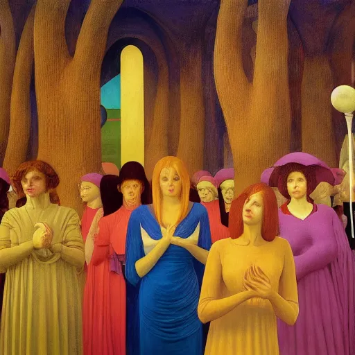 Image similar to a procession of women in a giant metaphysical temple, hyperrealistic film still by edward hopper, by gottfried helnwein, by klimt, by paolo uccello, art nouveau, highly detailed, strong lights, liminal, eerie, metaphysical, bright pastel colors,