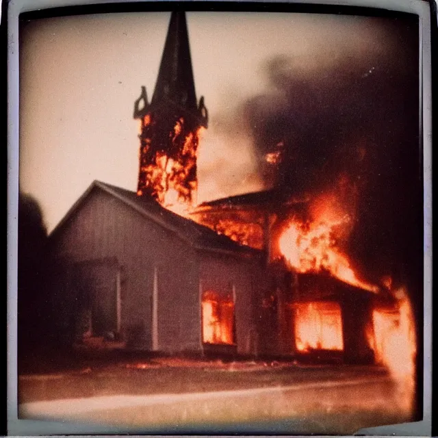 Image similar to very beautiful grainy and gritty polaroid photo of a church on fire