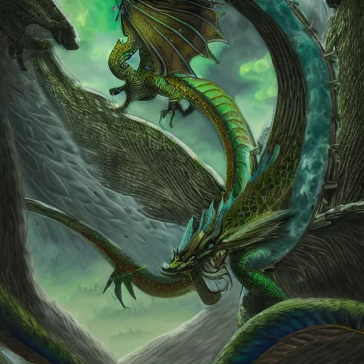 Image similar to An elegant green, blue dragon, it has a furry body and leathery wings, sitting on a clearing in a flowery jungle, detailed, mtg, digital illustration, trending on artstation