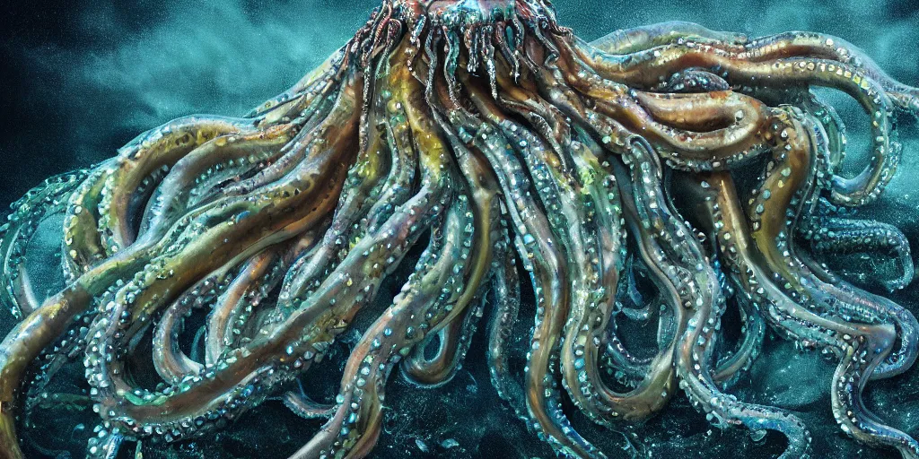 Image similar to giant wet glistening medusa octopus chimera, dripping mucus from its transparent quivering flesh, detailed multicoloured scales and feathers, dark black bulbous eyes, bones and spines, ocean, storm, mist, moody, low key dramatic lighting, octane render, in the style of sam shearon, clean digital art trending on art station